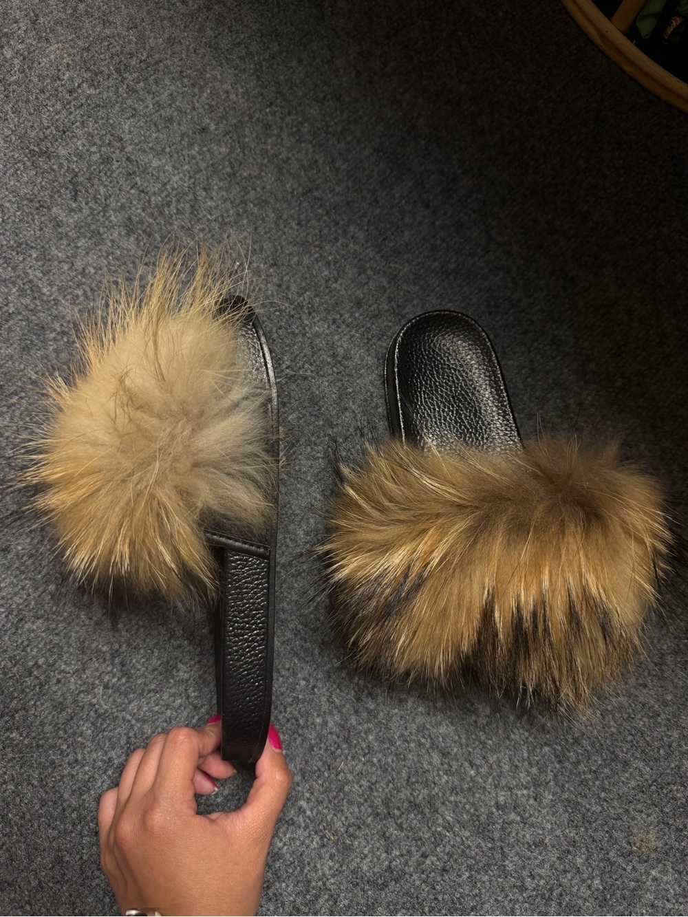 Faux Fur Slide Sandals in Brown - Women